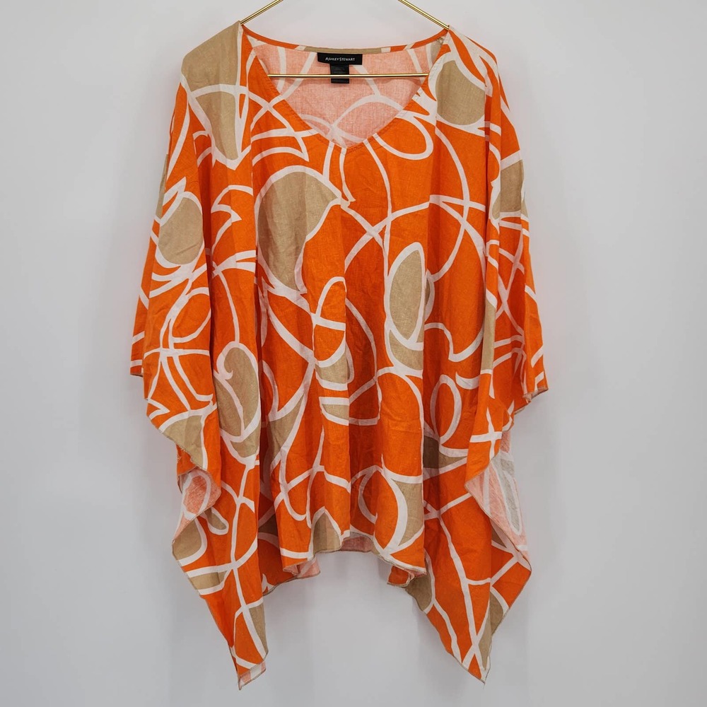 Ashley Stewart Orange Tan Abstract Linen Blend Tunic Top Flowy Plus Size 18/20